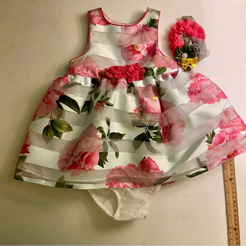 Mia & Mimi Baby Girls Flower Dress 12m Sleeveless With Handmade Headband